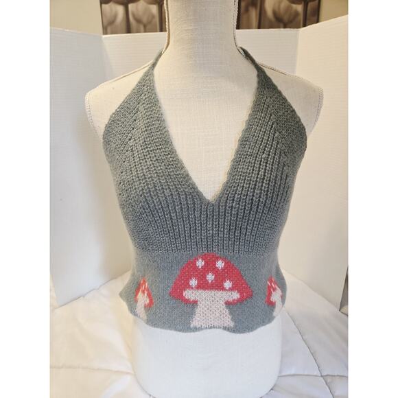 Halter Crop Top Knit XL Black Red Stretch Backless Mushroom Logo Retro Y2k - Picture 1 of 6
